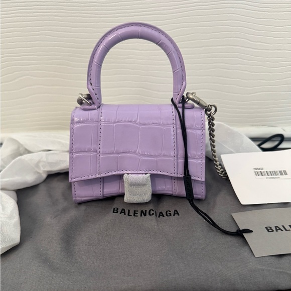 💯 Authentic Balenciaga Hourglass Lilac Croc-Embossed Mini Bag - Picture 1 of 9
